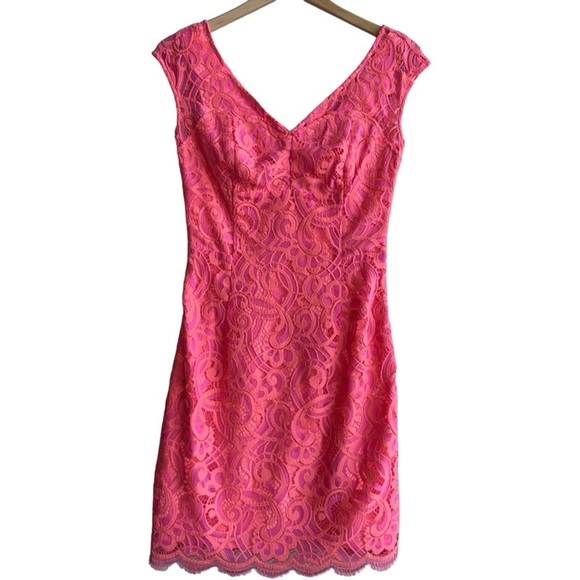 LILLY PULITZER | Rosaline Lace Mini Cocktail Dress | Hot Pink Orange Sheath | 2 - Picture 10 of 12